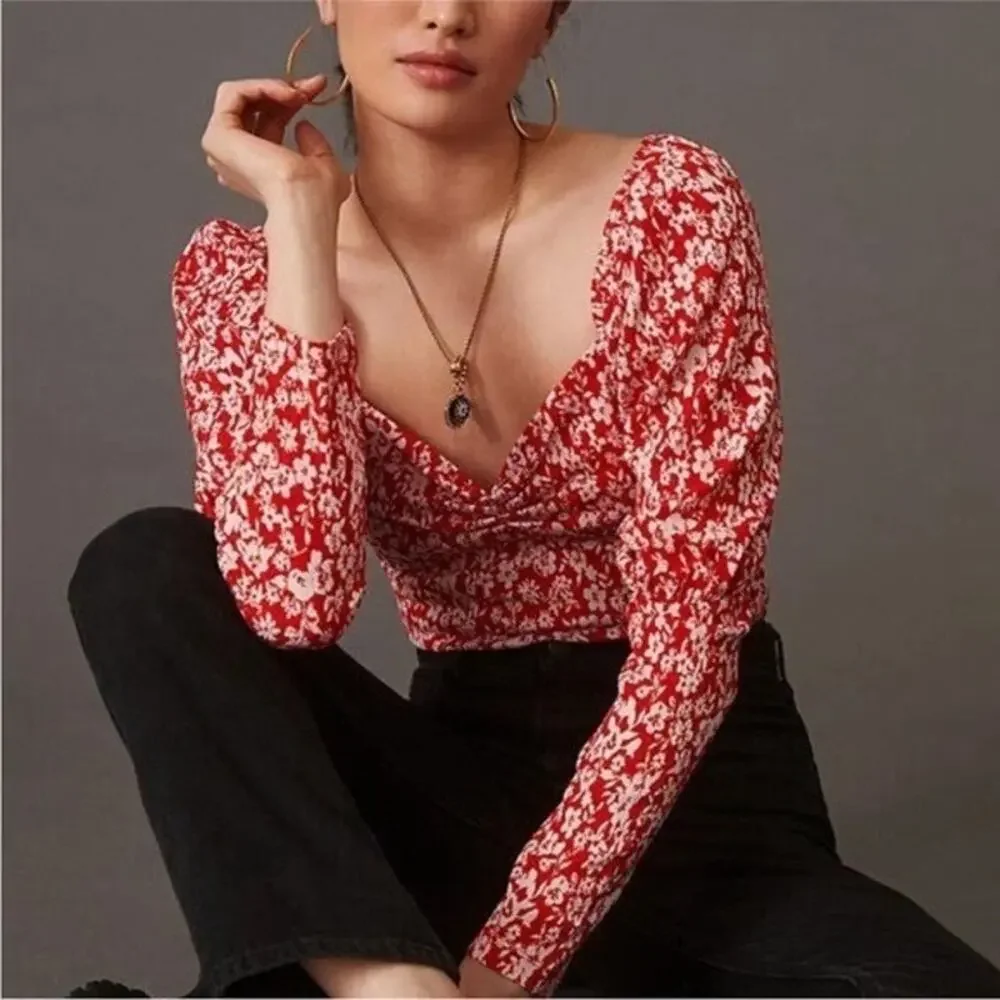 NEW Anthropologie Sweetheart Red White Floral Peasant Boho Top